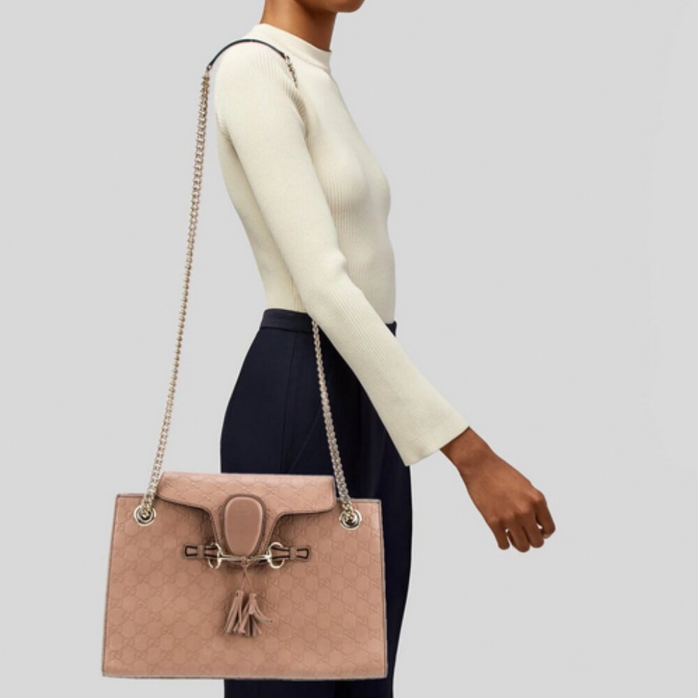 Gucci Large Emily Beige Leather Horsebit Chain Shoulder Bag
